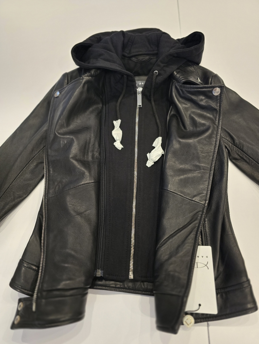 Danier 3XS Black Leather Moto Jacket with Removable Hoodie